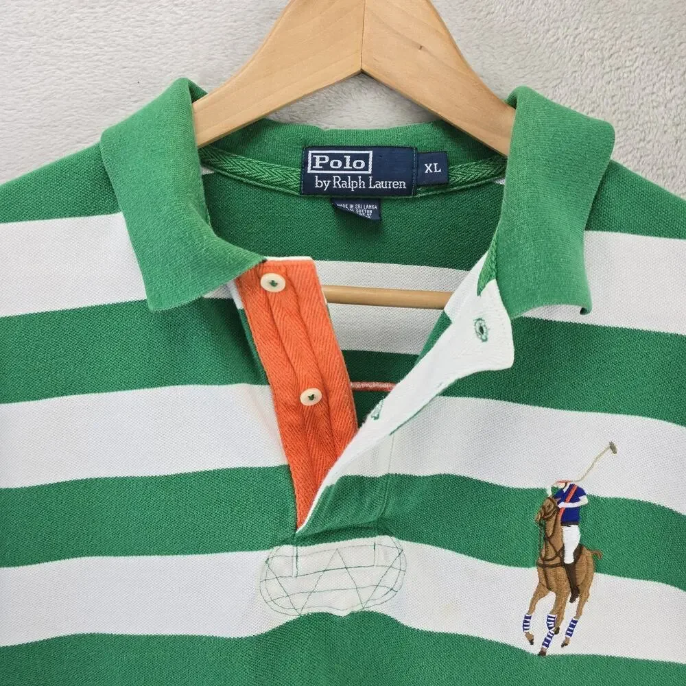 Polo Ralph Lauren Shirt Mens XL Green White Striped Flesh Big Pony 3 Rugby